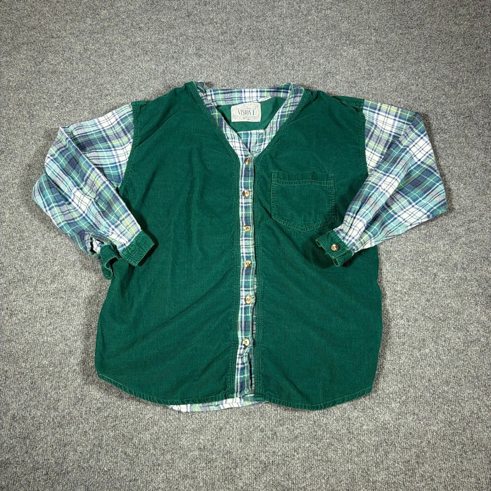 Vision I Flannel Womens Shirt Medium Green Vintage Long Sleeve Corduroy Mixed